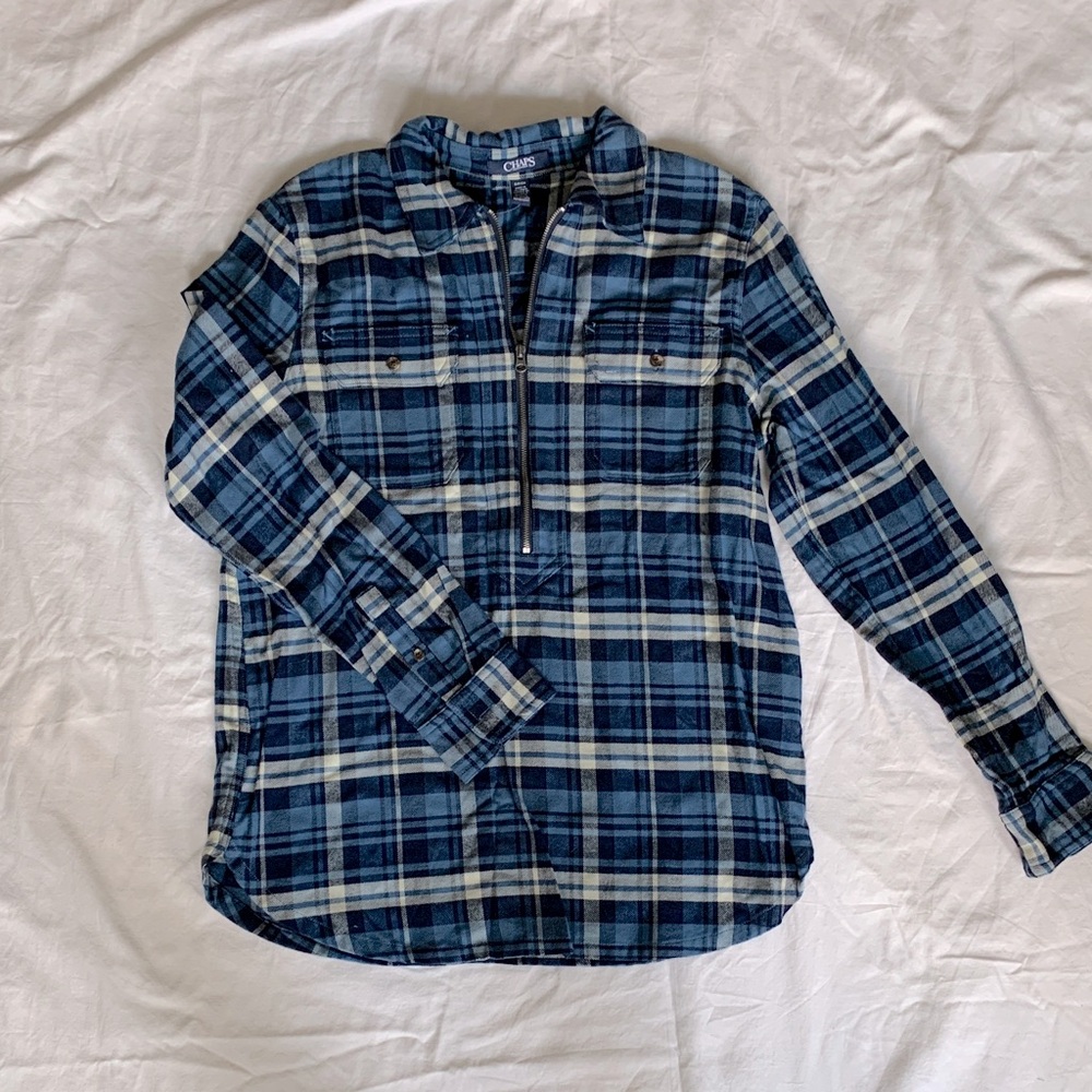 Chaps Blue Navy and White Plaid Half-Zip Shirt